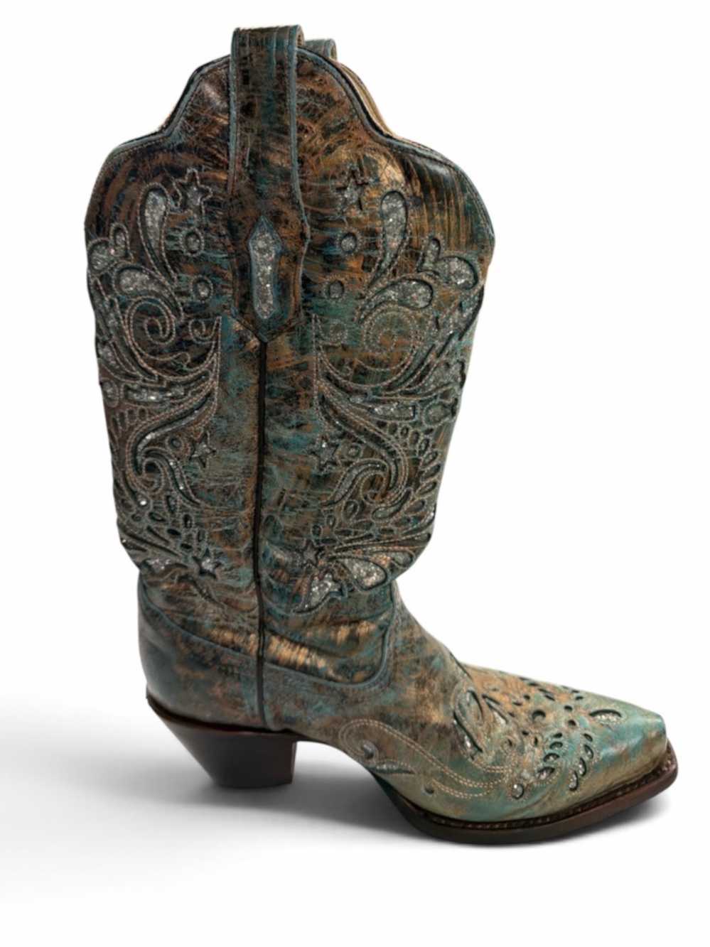 CORRAL Bronce Metallic Leather Turquoise Inlay Cowboy Boots Teal Bronze Size 8